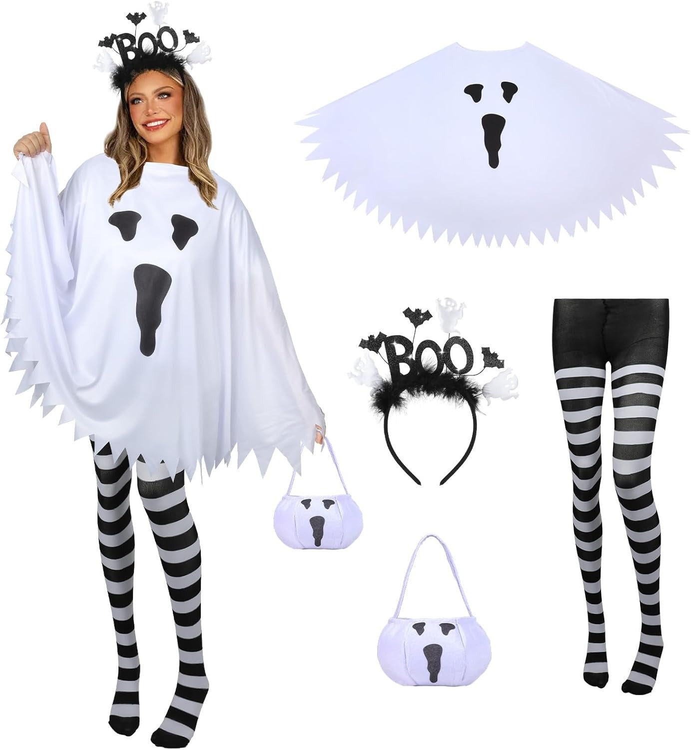 Women's Halloween Ghost Costume Set (4-Piece) - Poncho, Ghost Headband, Candy Bag and Nylon Striped Tights, Adult Cosplay Party