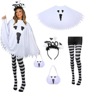 Women's Halloween Ghost Costume Set (4-Piece) - Poncho, Ghost Headband, Candy Bag and Nylon Striped Tights, Adult Cosplay Party